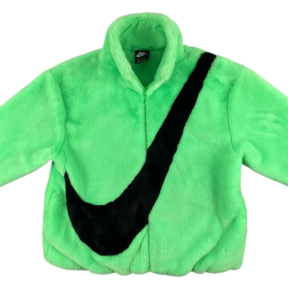 Nike Faux Fur Oversized Swoosh Jacket Womens S Green Black Full Zip Plush Fleece